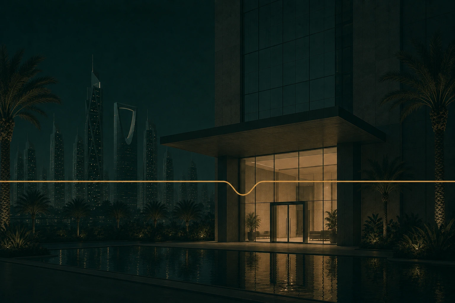رسم توضيحي — مدخل فندق معاصر في الرياض ليلًا، بهوه الزجاجي متوهج تحت مظلة مسطحة بين النخيل، وخط ذهبي ينخفض عند الأبواب