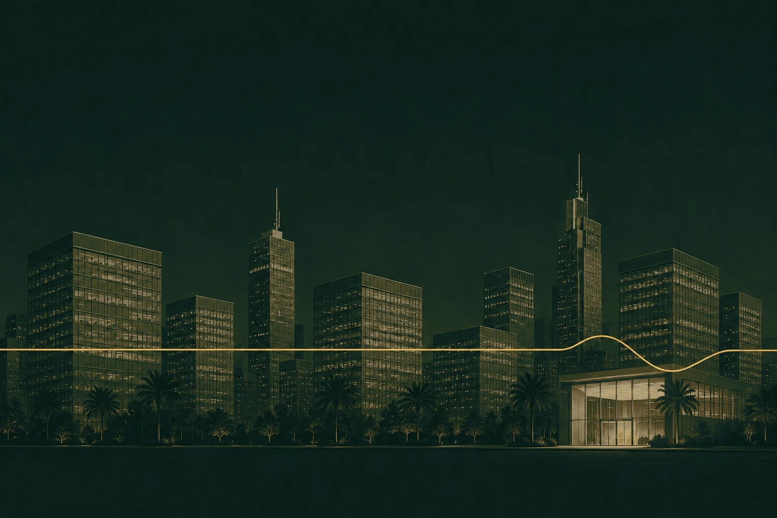 رسم توضيحي — مدخل زجاجي مضاء ليلًا أسفل مجموعة أبراج زجاجية في الرياض، ونخيل أمامه، وخط ذهبي يعبر المدينة وينخفض مرة واحدة فوق المدخل